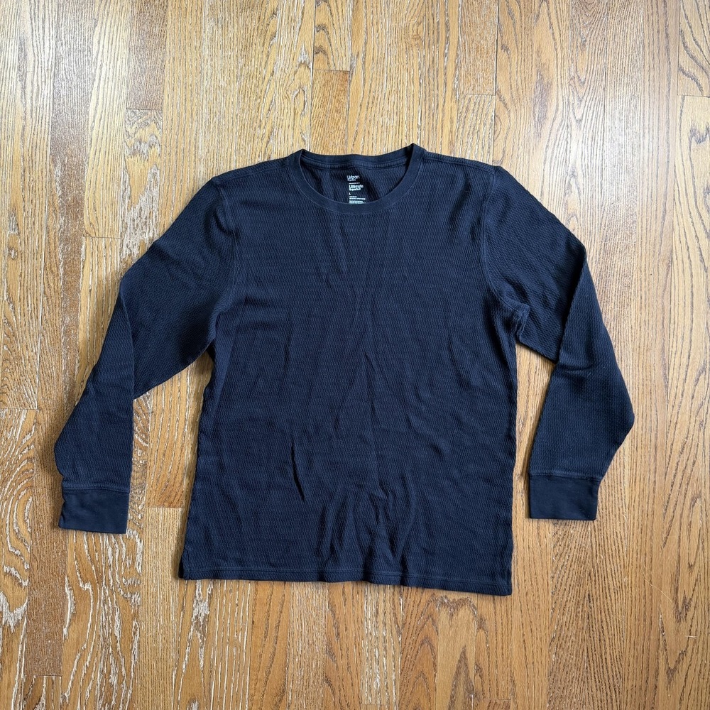 Y2K Thermal Shirt Mens Large Black Waffle Knit Long Sleeve Tagless Lounge Work